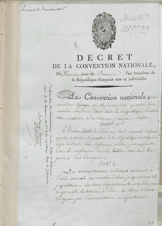 1ère page du décret du 9 brumaire an III, Archives nationales sous la cote F17 1010E 